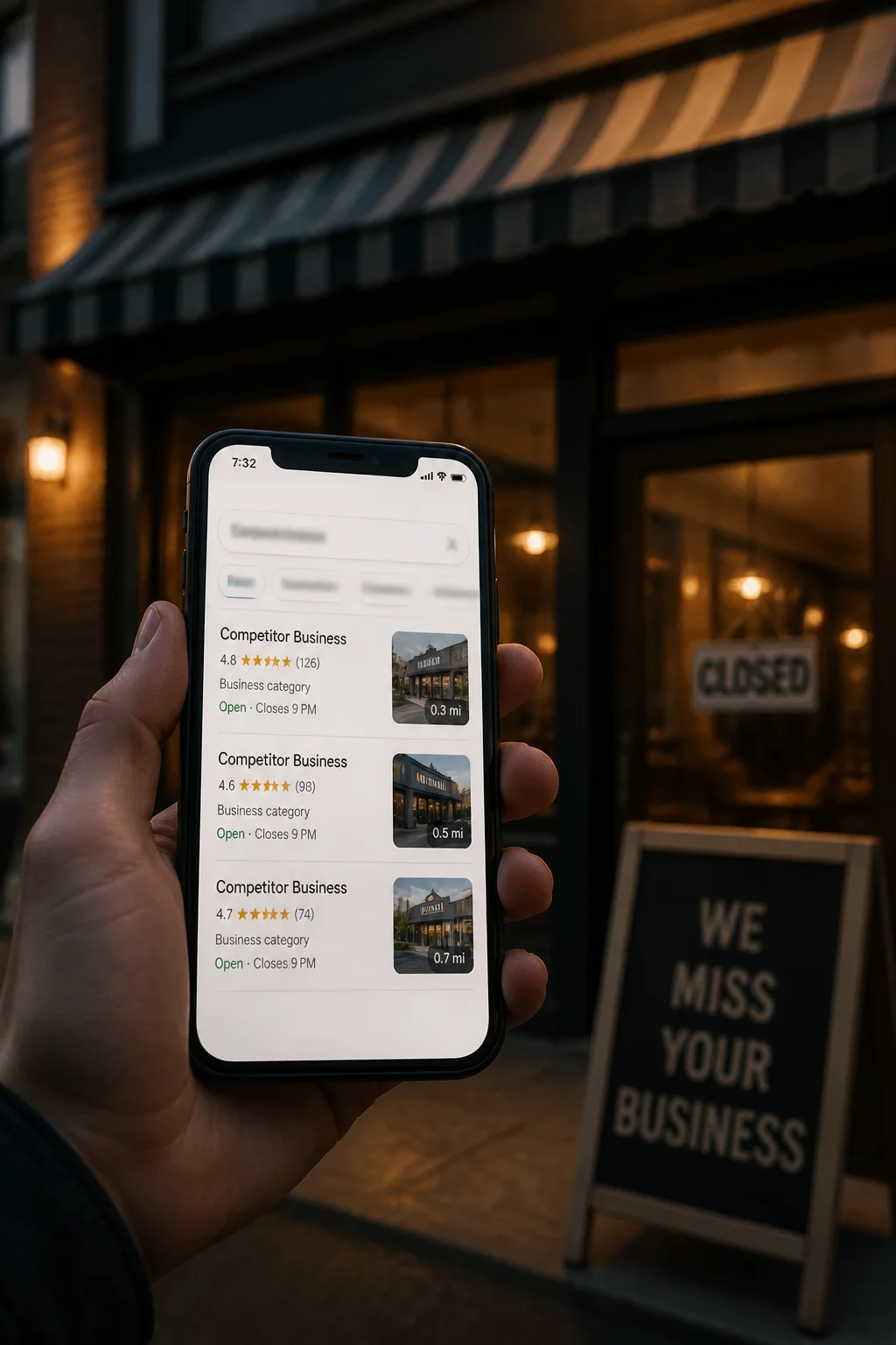 Customer searching on a phone while a nearby business waits for inquiries