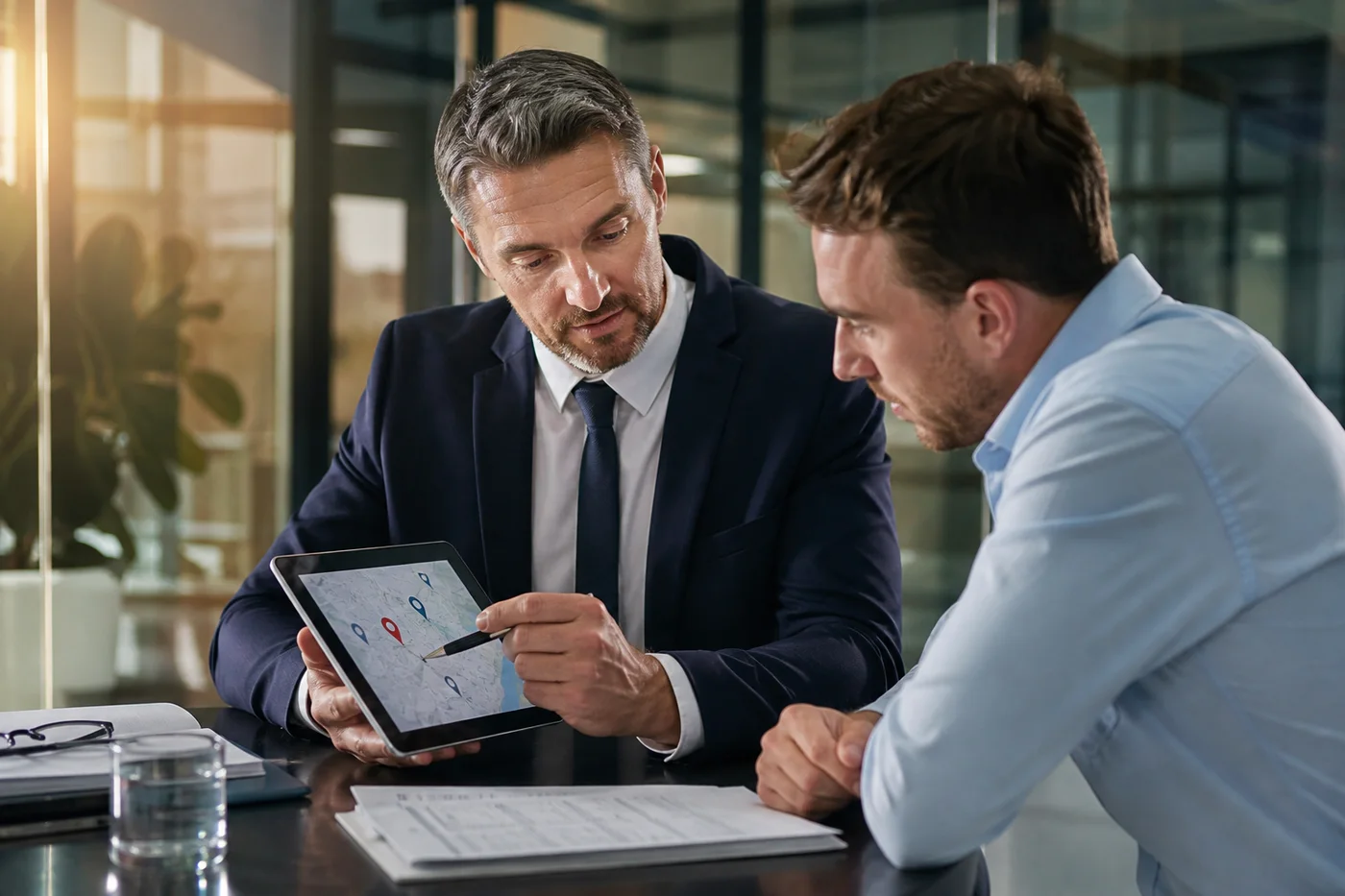 Focused SEO consultation over a tablet map of target markets