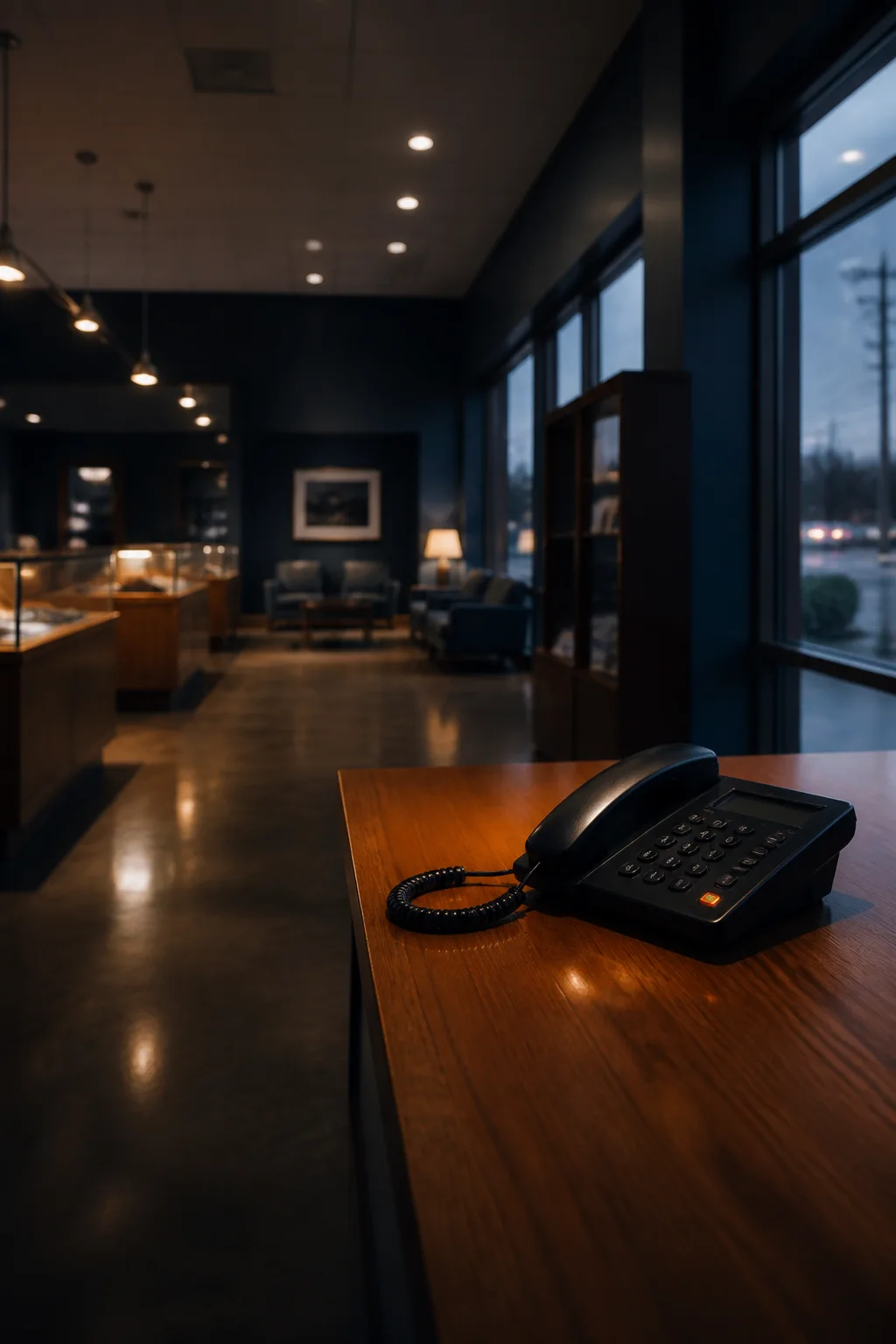 Empty business floor with an unanswered phone — missed customer inquiries